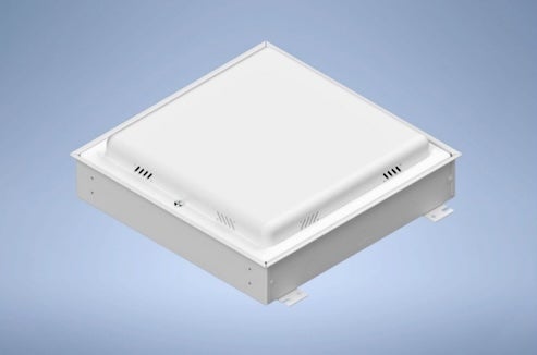 A white ceiling-mounted Wi-Fi enclosure designed to blend seamlessly with ceiling tiles.