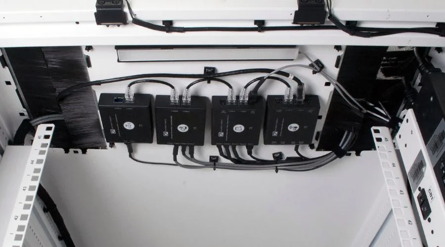 CPI eConnect® Sensor Array Hubs installed inside a data center cabinet for centralized cabinet-level monitoring.