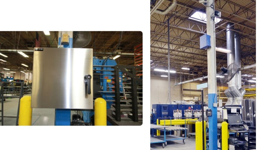 Wall- and column-mounted RMR® Industrial Enclosures preserve floor space while keeping critical network equipment protected and accessible in active production zones.