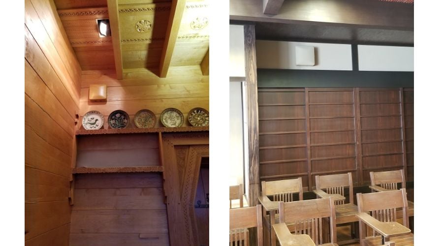 Interior views showing wooden walls and shelves with decorative plates.