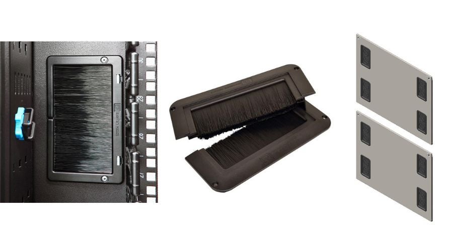 Equipment rail brush kits, raised floor grommets, and side panels with brush sealed cable openings help maintain airflow integrity.
