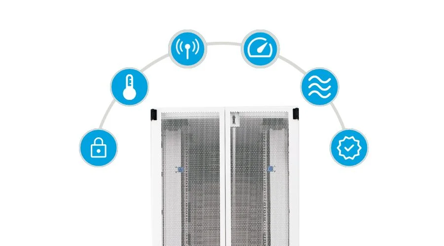 Data center cabinet illustrating integrated environmental and security monitoring.