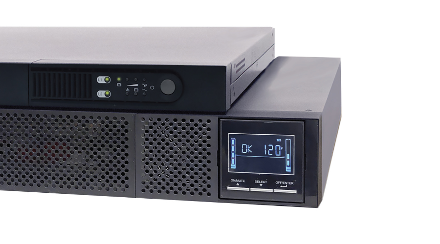 Black server unit with display and buttons, showing temperature and status indicators.