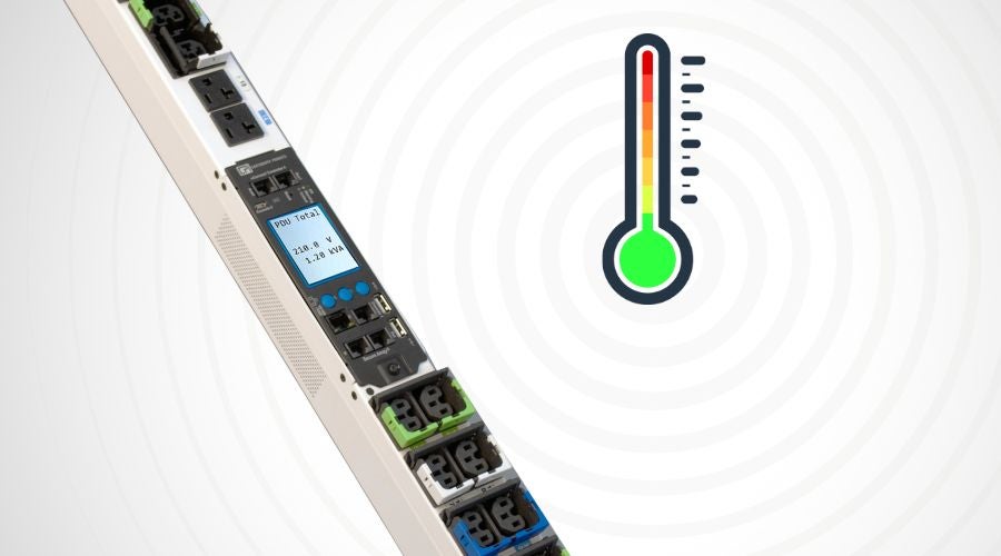 Intelligent PDU with an LCD display next to a temperature gauge illustrating high ambient temperature tolerance.