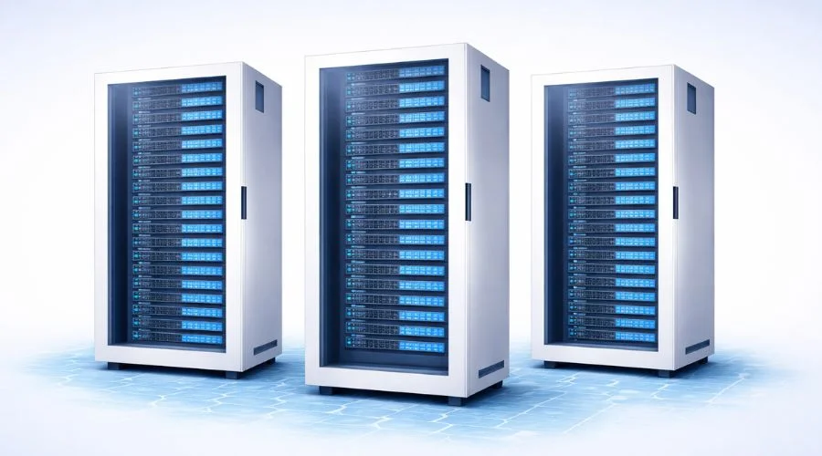 Illustration of three high-density data center cabinets with servers fully populated from top to bottom against a light blue background