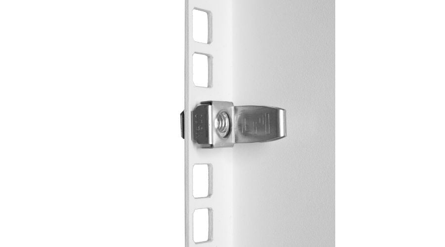 CPI Clik-Nut tool-less cage nut installed on a cabinet mounting rail.