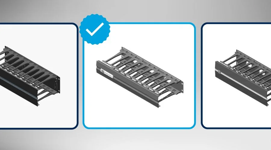 Three horizontal cable manager options shown side by side, with the center model highlighted as the recommended choice.