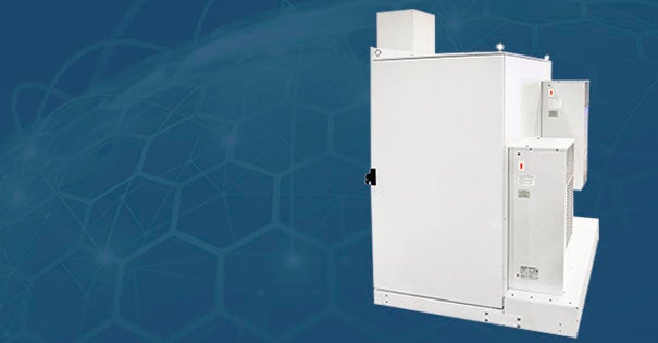 White server cabinet with side vents against a blue geometric background.