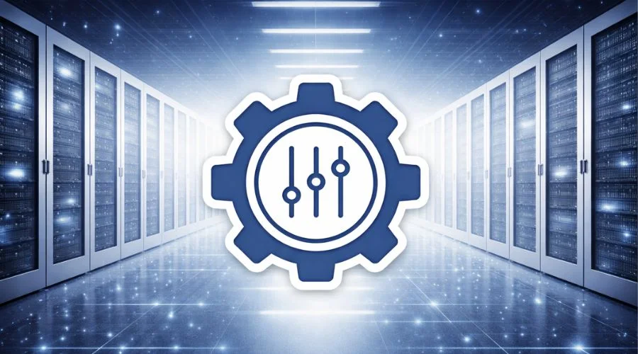 Hyperscale data center with blue server rows and central gear icon representing customizable infrastructure at scale