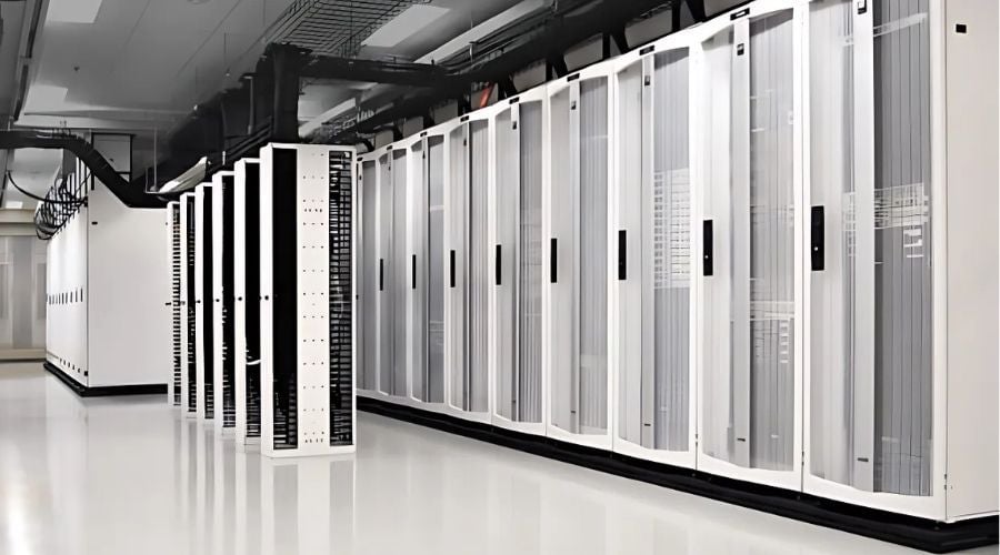 Row of white data center cabinets with clear front doors in a brightly lit, clean facility.