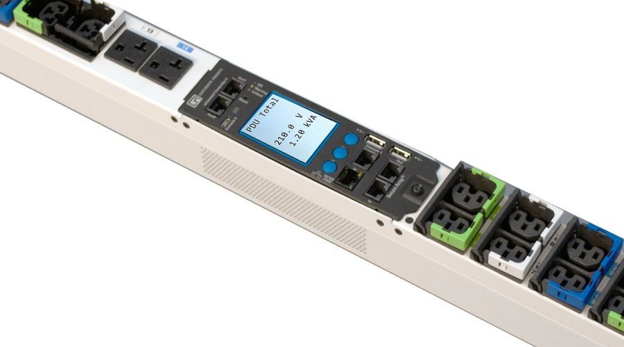 Intelligent PDU with rotating LCD display showing voltage and power readings.