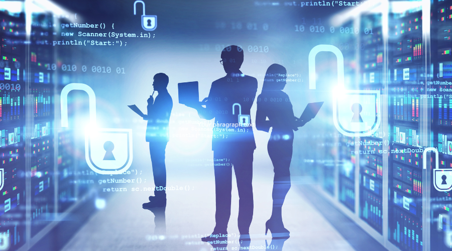 Silhouettes of three people in a data center with digital locks and code in the background.