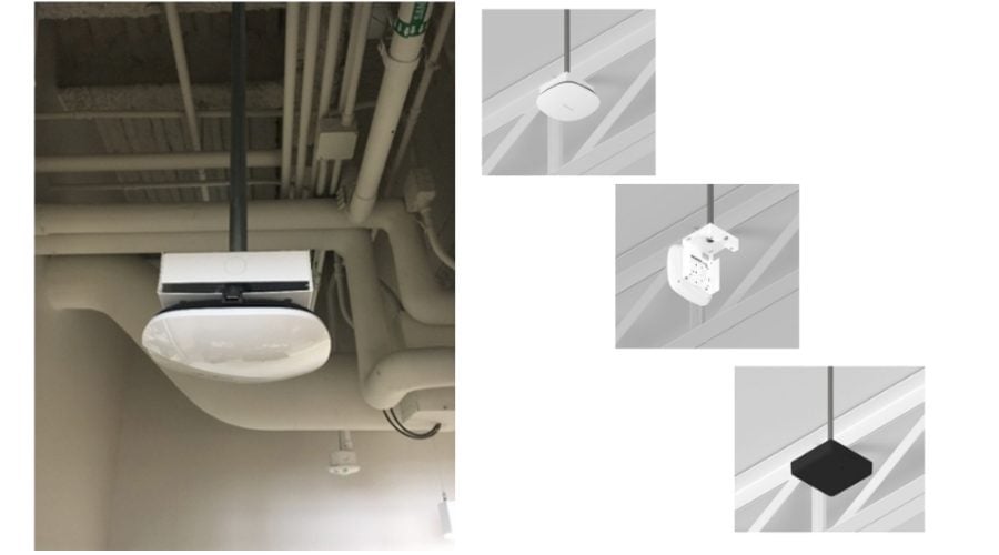 Oberon® 900-HC Series mount suspending a wireless access point from conduit in an open-ceiling area.