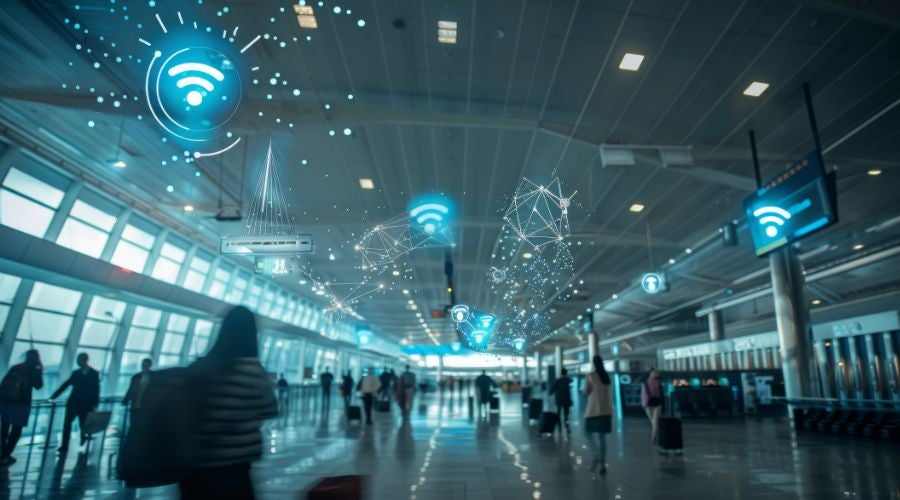 Airport interior with passengers and overlaid Wi-Fi network icons representing wireless connectivity.