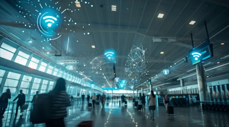 Airport interior with passengers and overlaid Wi-Fi network icons representing wireless connectivity.