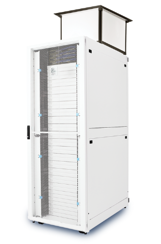 White server cabinet with mesh door and top ventilation panel.