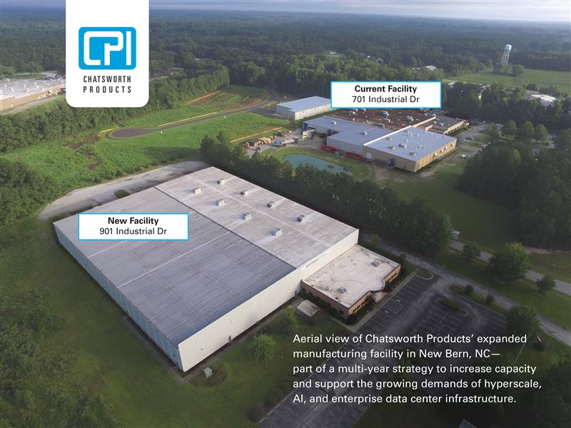 Aerial view of Chatsworth Products’ expanded manufacturing facility in New Bern, NC, showing the new facility at 901 Industrial Dr and the current facility at 701 Industrial Dr, surrounded by greenery and industrial buildings.